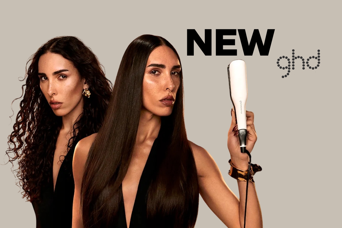 Two models showcasing the results of the new ghd Chronos Max Wide Plate Hair Straightener. One model has voluminous curly hair, while the other has sleek, straightened hair, holding the white ghd straightener. The image highlights the transformation and styling power of the new ghd Chronos Max.